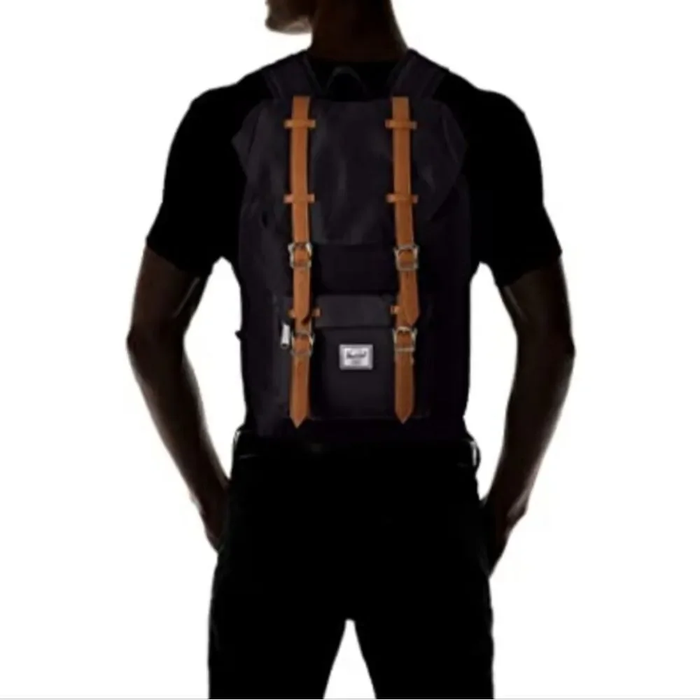 Herschel Little America Laptop Backpack, Black/Tan Synthetic Leather Classic 25